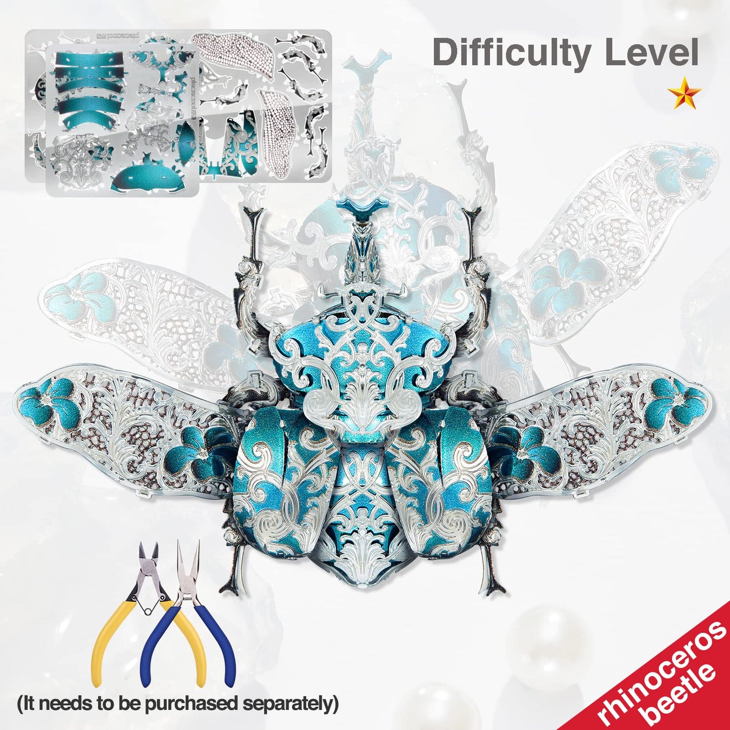 Piececool 3D Metal Puzzles for Adults, Rhinoceros Beetle 3D Model Building Kits Insect Themed Brooch Assembling DIY Crafts Creative Birthday Gifts,22Pcs