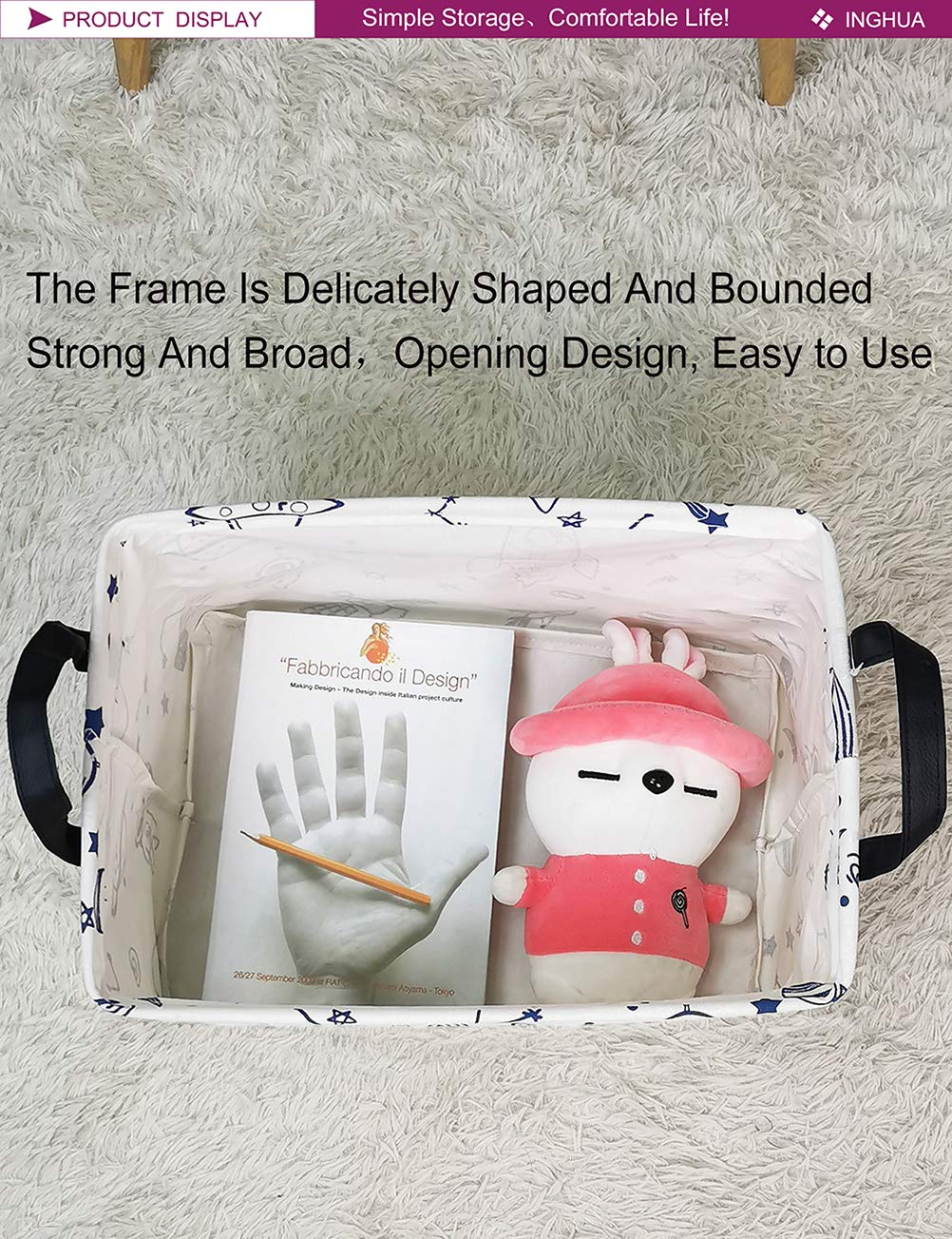 INGHUA Rectangular Storage Basket Fabric Organizer Bin for Toys,Books,Clothes,Gifts,Pets-Perfect for Home,Office,Nursery,Dorm,Shelf(Rec Spaceships)