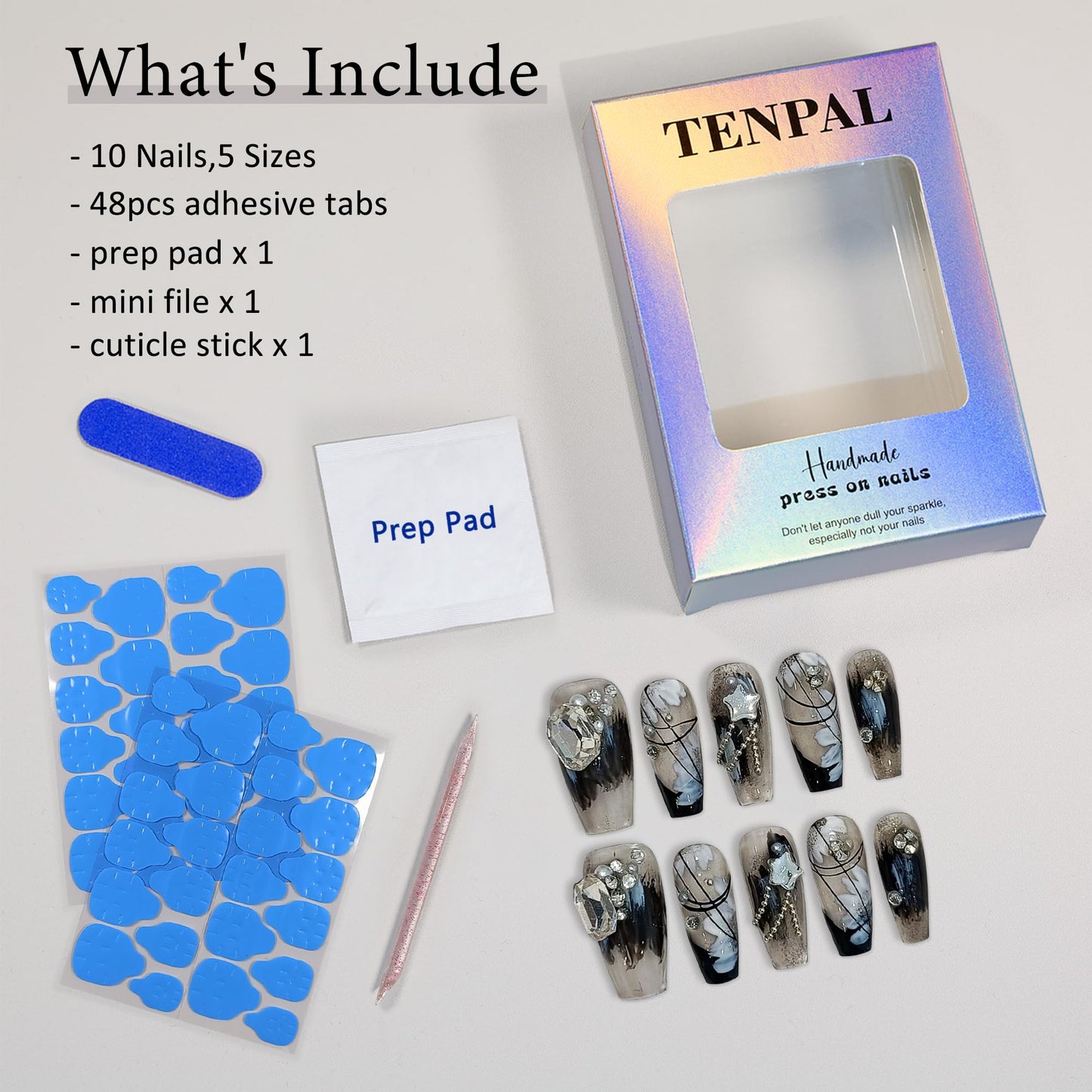 TENPAL 10PCS Gothic Coffin Press on Nails with Tools Kit - Black French Tips Fake Nails with Oriental Chain & Crystal Design | Dark Rebel Glue on Nails Medium | Icy Dark Elegant Chinese Style Nails(S)