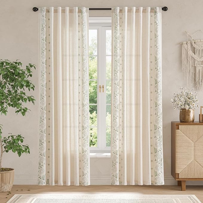jinchan Winslow Linen Curtains for Bedroom 90 Inches Length Embroidered Bordered Floral Curtains for Living Room Farmhouse Decor Light Filtering Window Treatments Sage on Beige Drapes 2 Panels