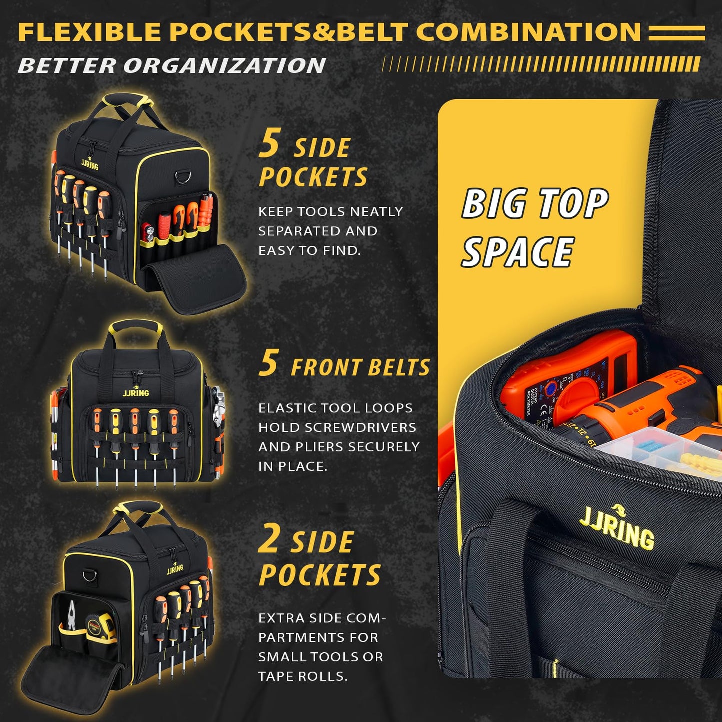 JJRING 2.0 Gen Tool Bag With 3 Removable Cases, Double Layers&Large Capacity Tool Tote, Multi-Pocket Organizer For Tools and Crafts, Durable And Water-Resistant(Yellow)