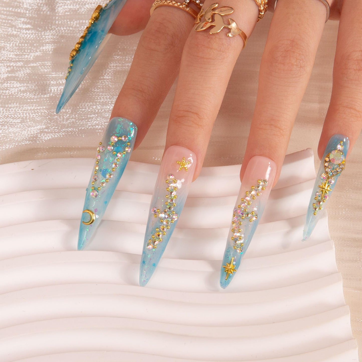 LOVFUL Press on Nails Pisces Blue French Tip | Handmade with Full Covered Crystals | Reusable Full Cover Nails | Stiletto Long 2.2 in | H157-M