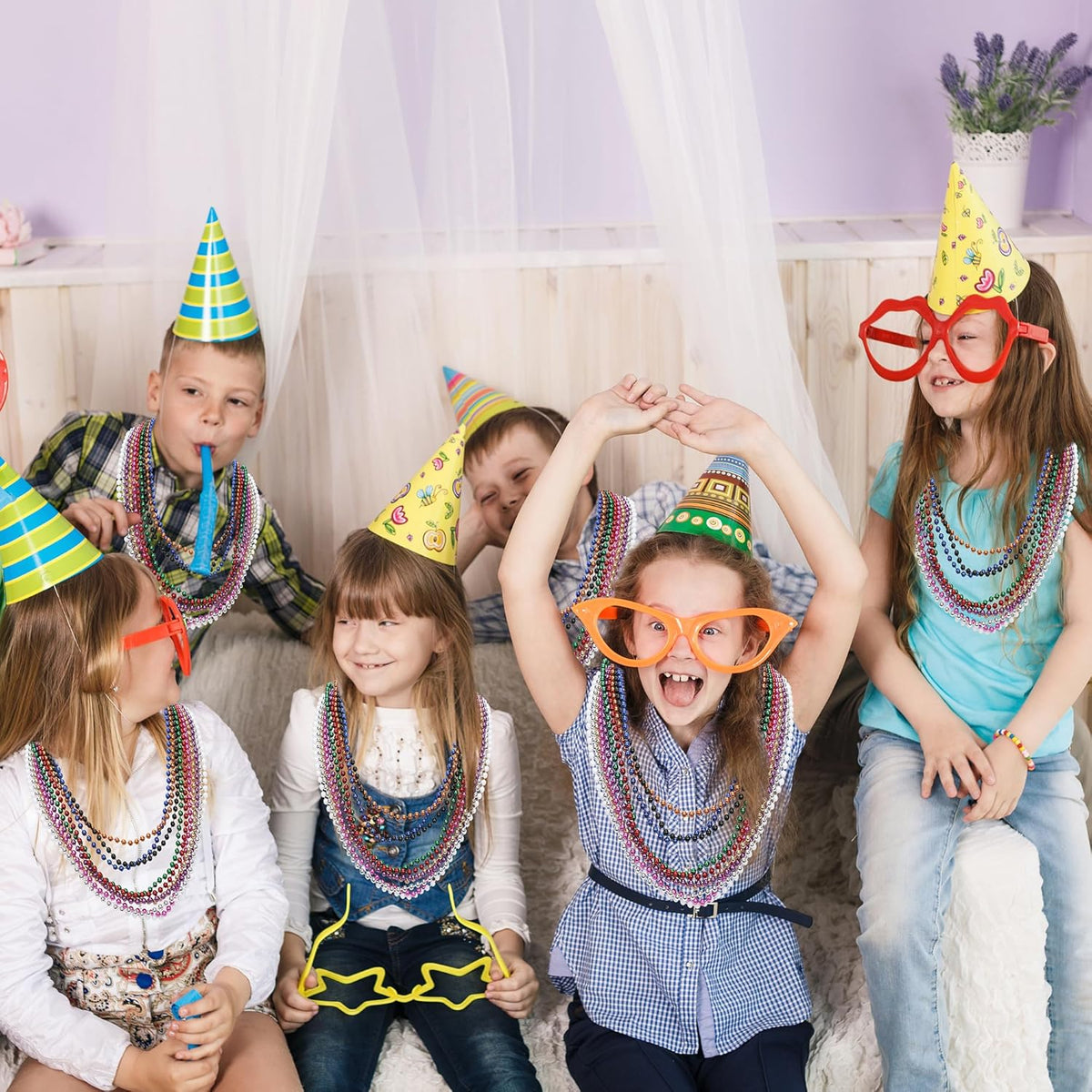 100PCS Mardi Gras Beads, Colorful Beads Necklace Toy Party Favors, 33" Bead Costume Accessories Bulk, Festival Mardi Gras Parade Throw Accessories Wedding Birthday Celebrations Decor