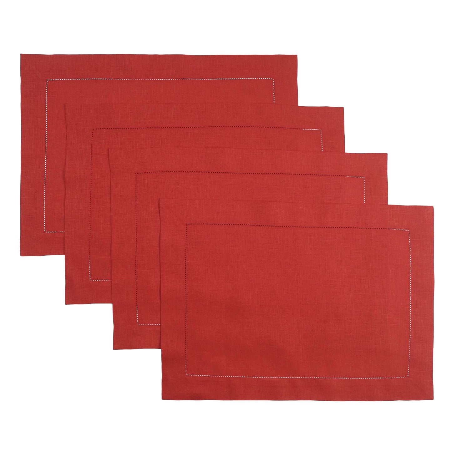 D'Moksha Homes Linen Placemats Set of 4 - Classic Hemstitch Bright Red Placemats 14 x 19 Inch - 100% Pure Linen Table Mats for Mothers Day, Spring - Handcrafted and Machine Washable