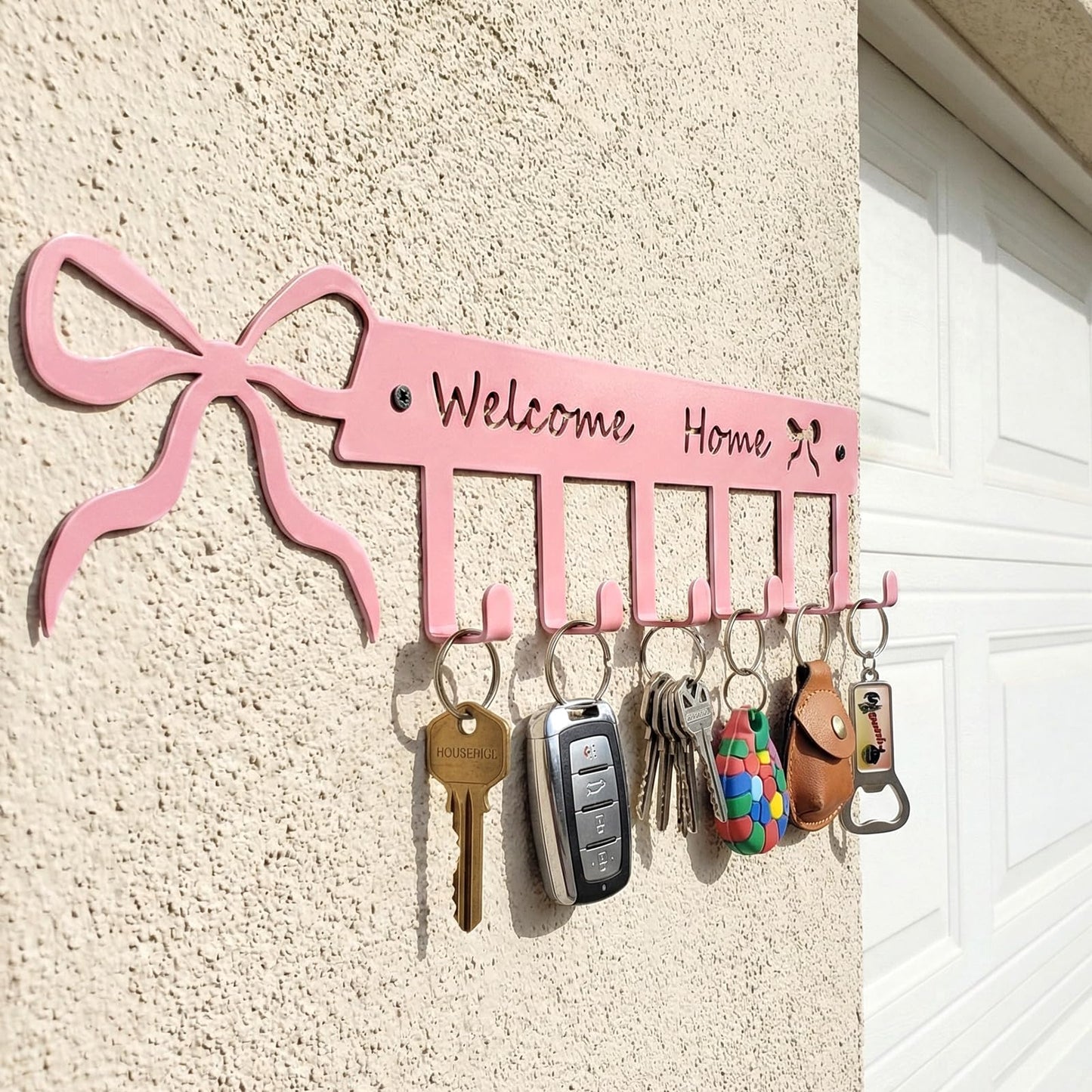 Novabright Pink Bow Welcome Home Key Hook for Wall Pink Bathroom Decor Cute Bow Towel Hooks Coquette Welcome Home Sign Key Holder Wall Mounted Racks 6 Coat Hanger for Bedroom Kitchen Entryway