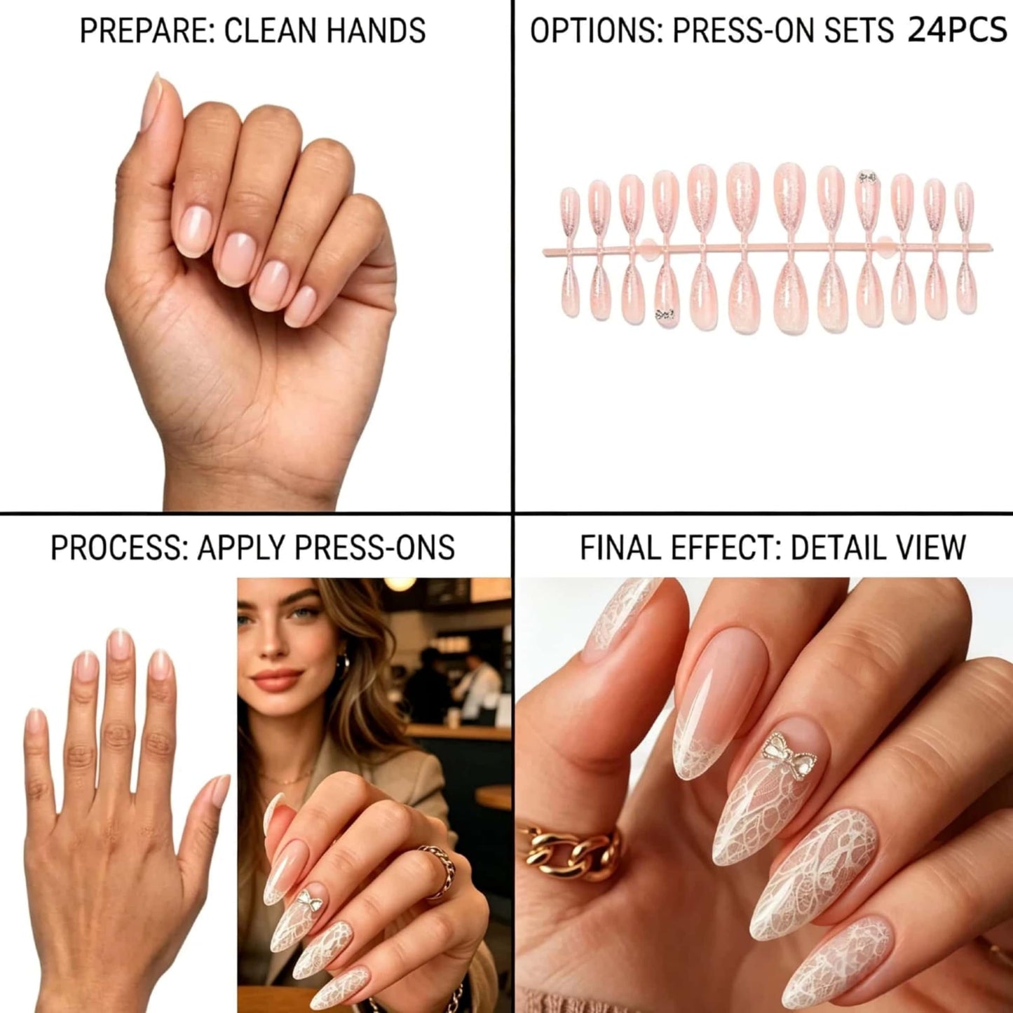 Almond Press on Nails Medium White Fake Nails Lace Print Designs with 3D Rhinestones Bowknot Glue On Nails Cute Acrylic Press on Tips Full Cover Stick on Nail Reusable Manicure for Women 24 Pcs
