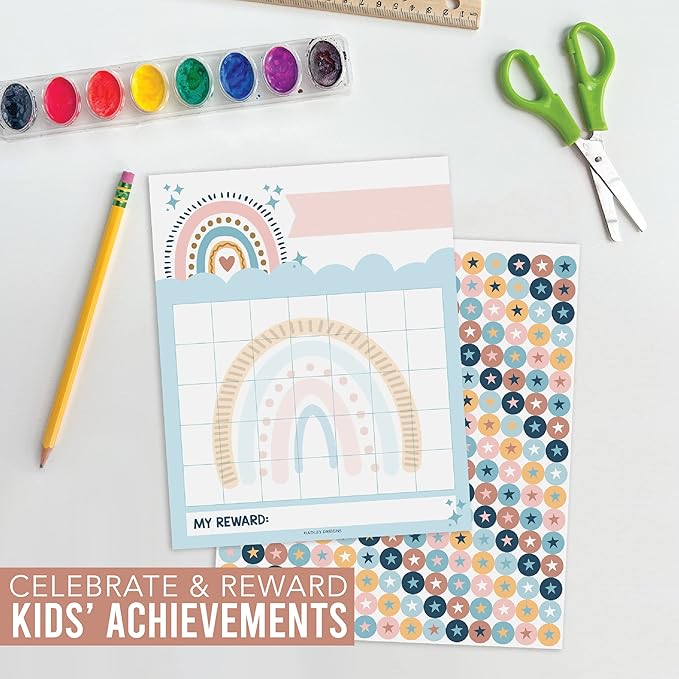 Sticker Chart for Kids Behavior at Home & Classroom - 25 Reward Chart for Kids Incentives, Gold Star Sticker Sheets, Boho Incentive Charts for Classroom Must Haves