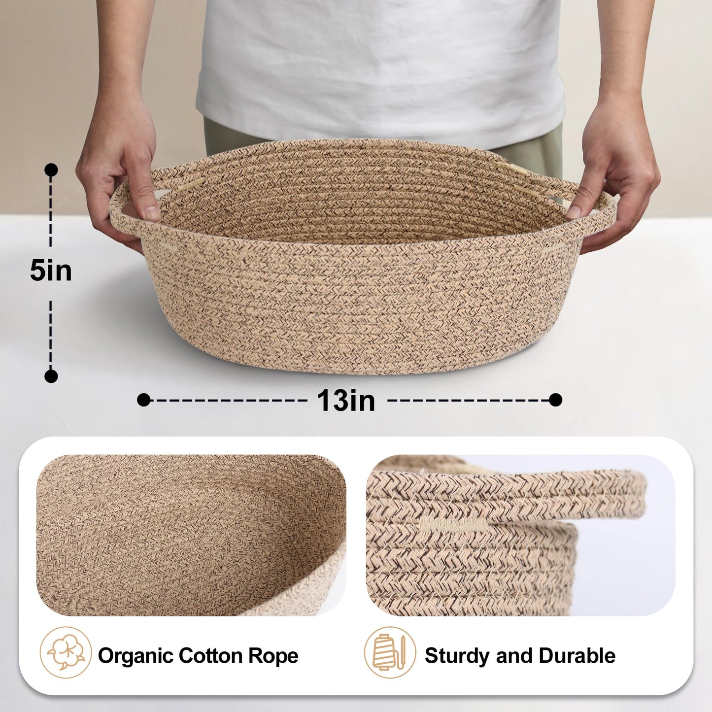 MEGASKET Brown Variegated Small Woven Basket, 13” x 9” x 5” Baskets for Gifts Empty, Cotton Rope Gift Basket, Cute Nursery Baby Organizer, Cat Dog Toy Bin Box, Wicker Storage Bin with Handle