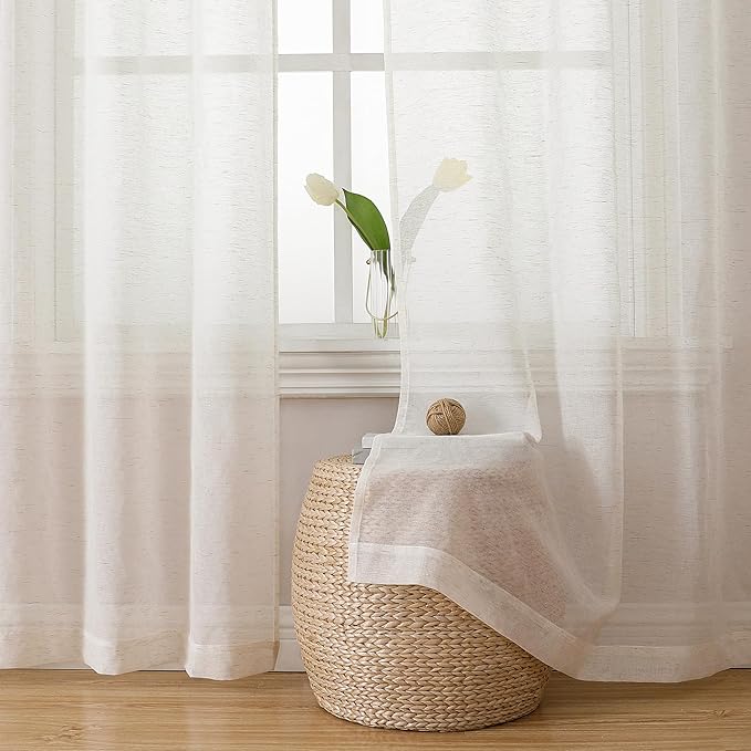 Simplebrand Natural Linen Textured Sheer Curtains 84 inches Length 2 Panels Set, Sheer Curtains Light Filtering Rod Pocket Window Sheer Curtain Panels, Elegant Curtains & Drapes for Bedroom, 40" W