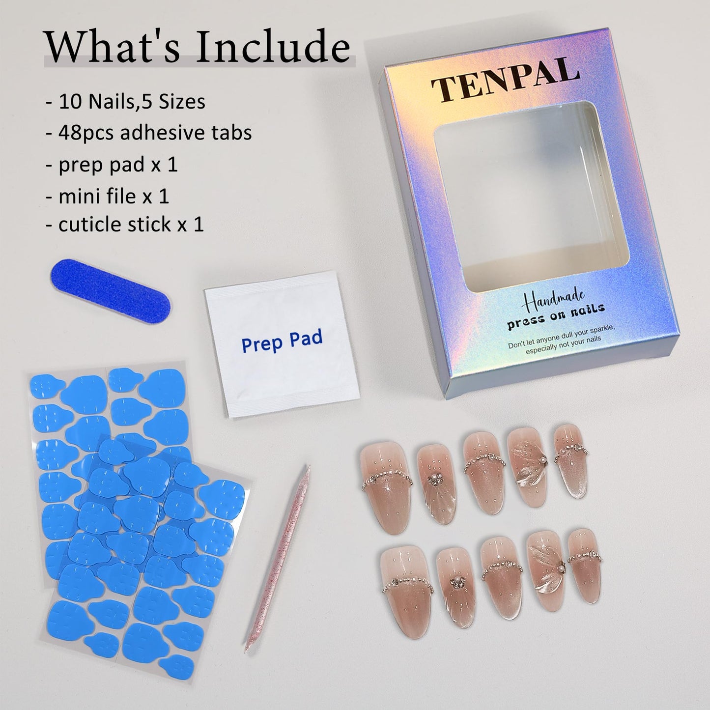 TENPAL Mermaid Cat Eye Press on Nails 10Pcs Kit,Medium Almond Nude Pink Fake Nails with 3D Wave Shell, Chain Rhinestone French Tips Spring Summer False Nails,Handmade Glue on Nails Luxury Design(M)
