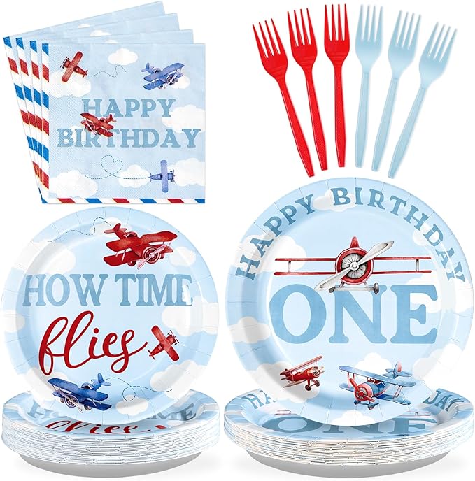 96Pcs Airplane 1st Birthday Decorations for Boys Red & Blue Airplane First Birthday Plates and Napkins Sets How Time Flies Party Decorations for Girls Baby Shower One Years Old Supplies Serve 24