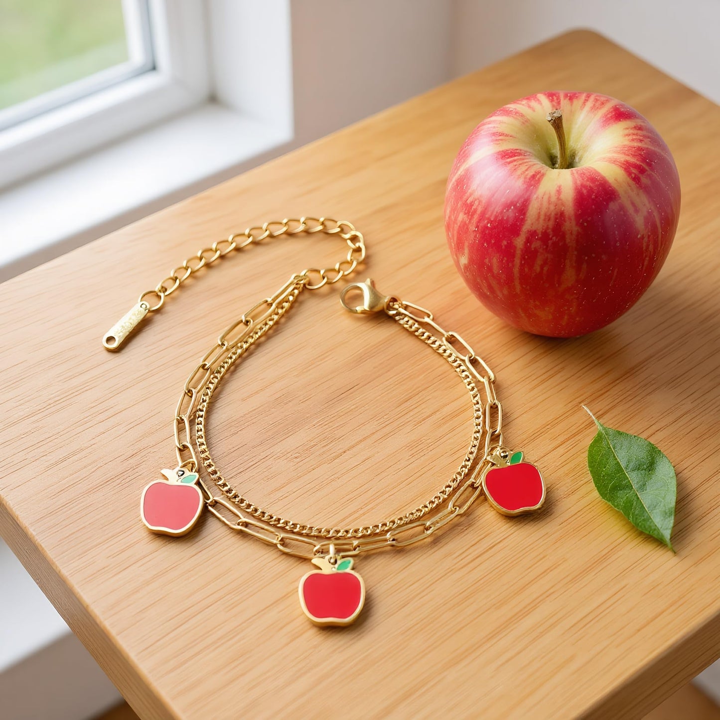 LCTrusttmor Gahna Apple Bracelets for Women, 18K Gold Plated Apple Fruit Charms with Adjustable Layered Chain Link for Women Summer Jewelry Gifts