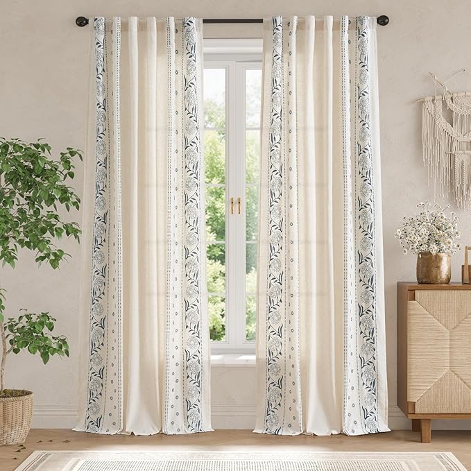 jinchan Winslow Linen Curtains 96 inches Long for Bedroom Embroidered Bordered Floral Curtains for Living Room Farmhouse Decor Light Filtering Window Treatments Blue on Beige Drapes 2 Panels