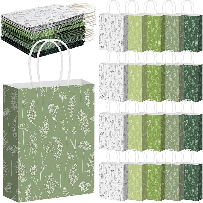 Kolldenn 50 Pcs Sage Green Wildflower Gift Bags with Handles Paper Floral Goodie Welcome Bag for Wedding Guest Baby Shower Bridal Birthday Party Favor, 5.91 x 3.15 x 8.27 Inches