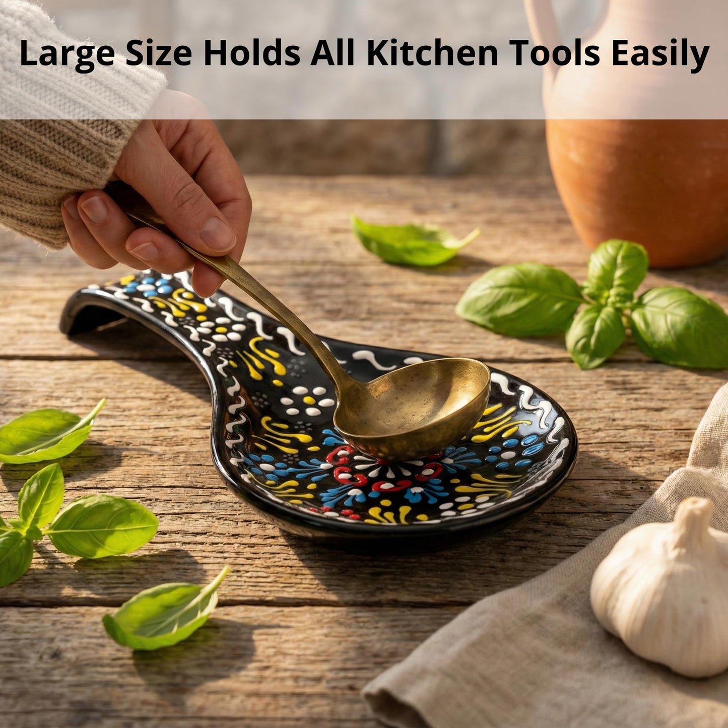 BCS Ceramic Spoon Rest, Large 9” Hand Painted Spoon Holder for Stove Top & Kitchen Counter, Dishwasher Safe & Heat Resistant Utensil Holder, Floral Kitchen Decor, Handmade Pottery