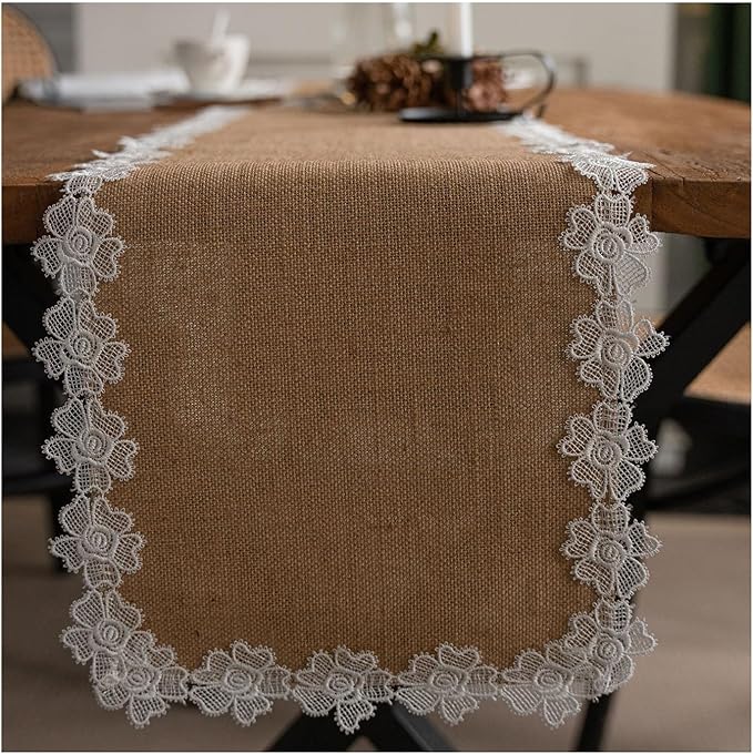 Natural Jute Table Runner, Burlap Style Table Runner, Rustic Farmhouse Table Runner Country Vintage for Wedding, Party Table Decorations, Boho Décor Jute Rose Lace Edge 12x95 inch TAB28