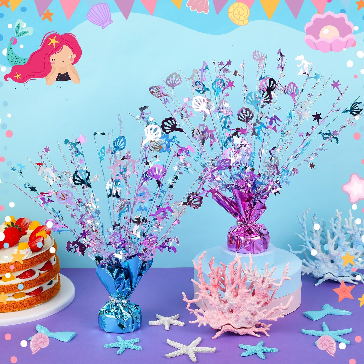 Ceenna 6 Pcs Table Decorations birthday decorations Metallic Gleam Foil Spray Centerpieces Shell Model Branches Leaf Glitter Table Centerpieces for Cosplay Holiday Party (Mermaid)