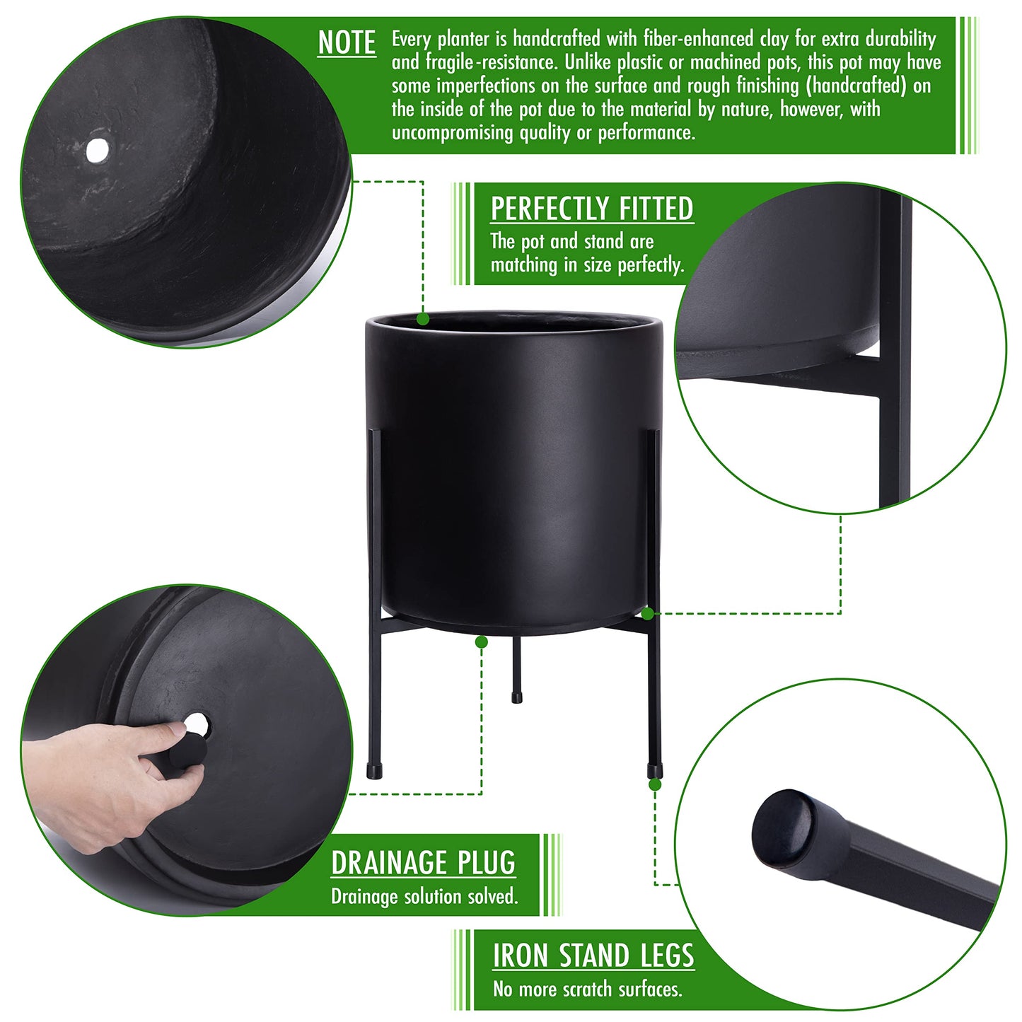 D'vine Dev Modern Black Plants Pot Cylinder Planter with Heavy Duty Stand, Large 12 Inch Pot, 17.6 Inch with Stand Height, 96-T-B-3