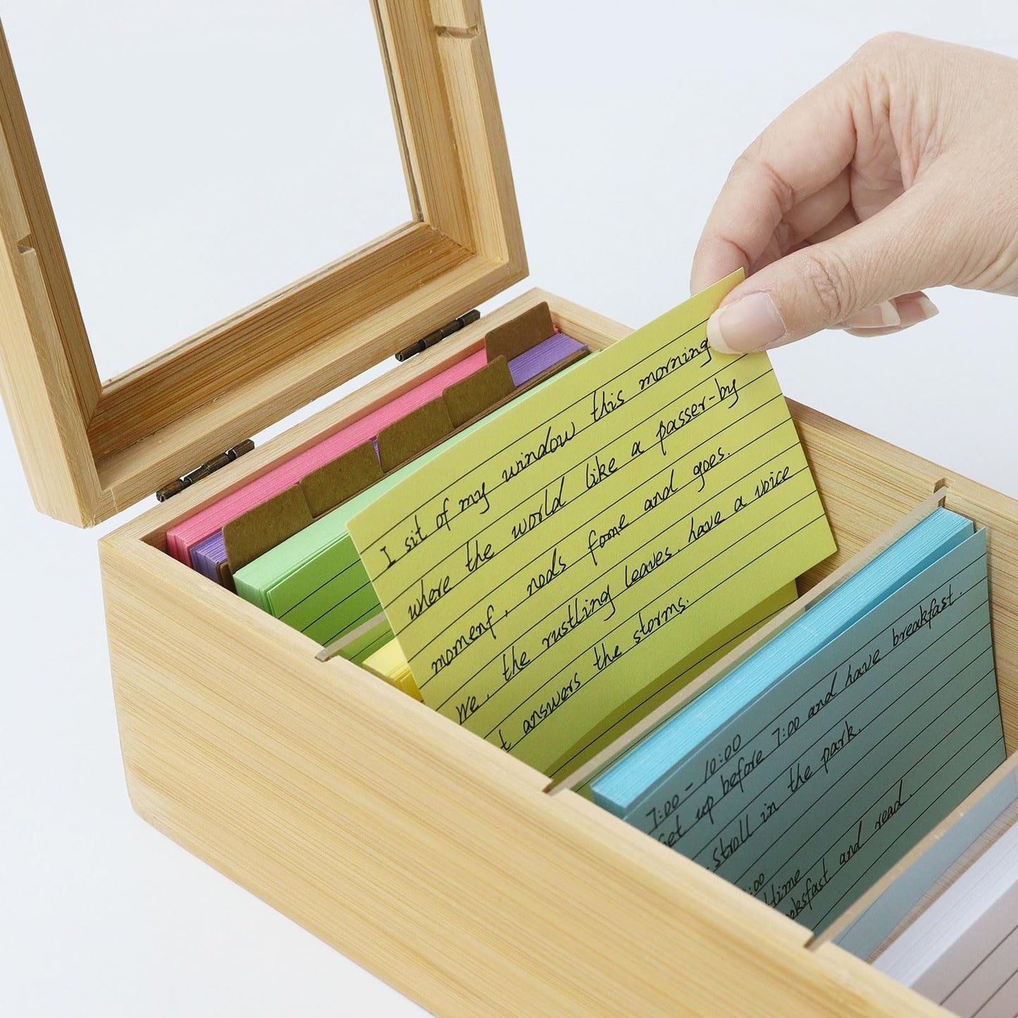 MultiBey Bamboo Index Card Box Organizer, 3x5 Inch with 300 Lined Cards & 3 Acrylic Dividers, Index Cards Storage Kit - Wood Recipe Box With Lid for Home & Office Study