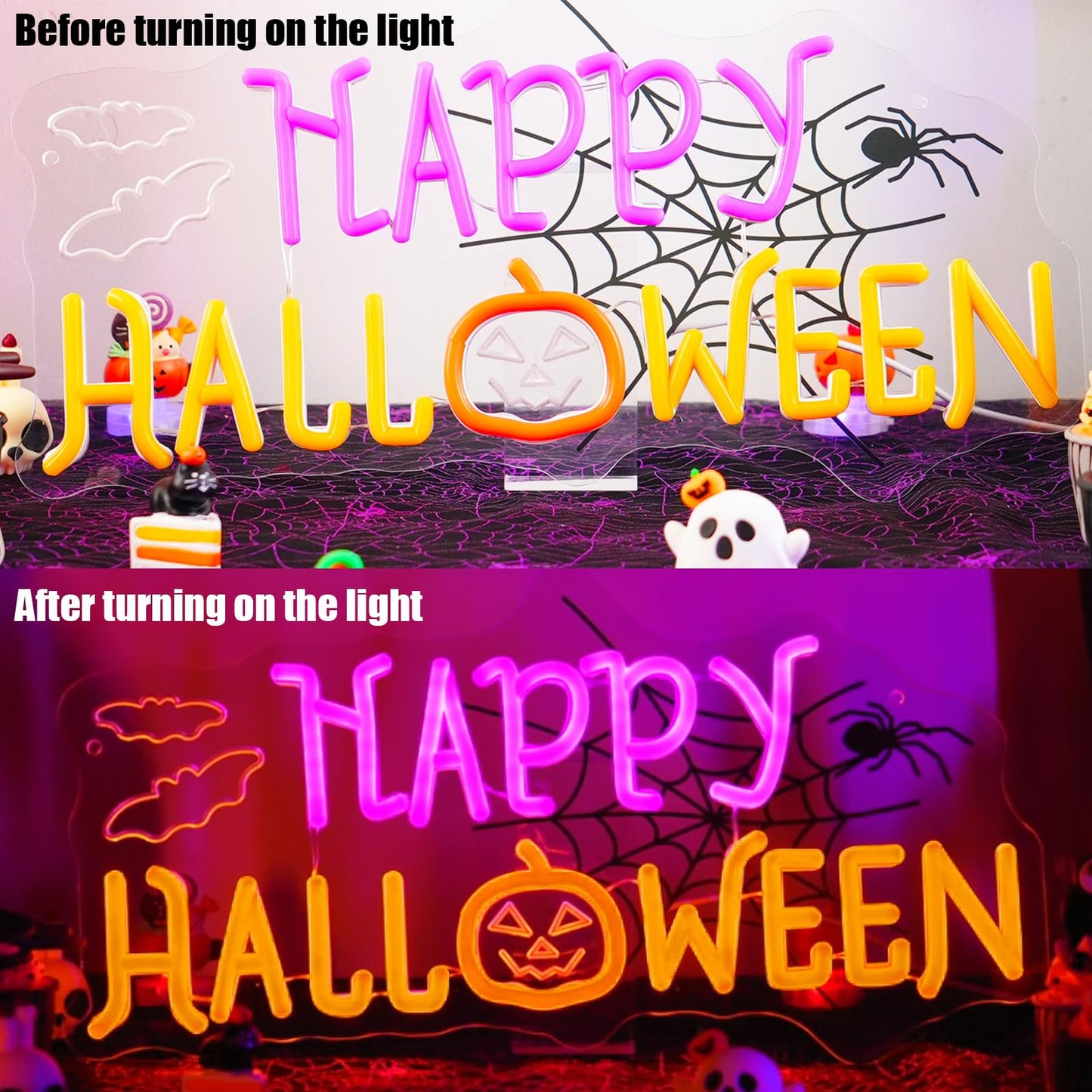 Halloween Neon Sign for Halloween Wall Decor,Dimmable Neon Light Bat & Pumpkin Light Up Signs for Halloween Bedroom Horror Party Bar Background Decoration