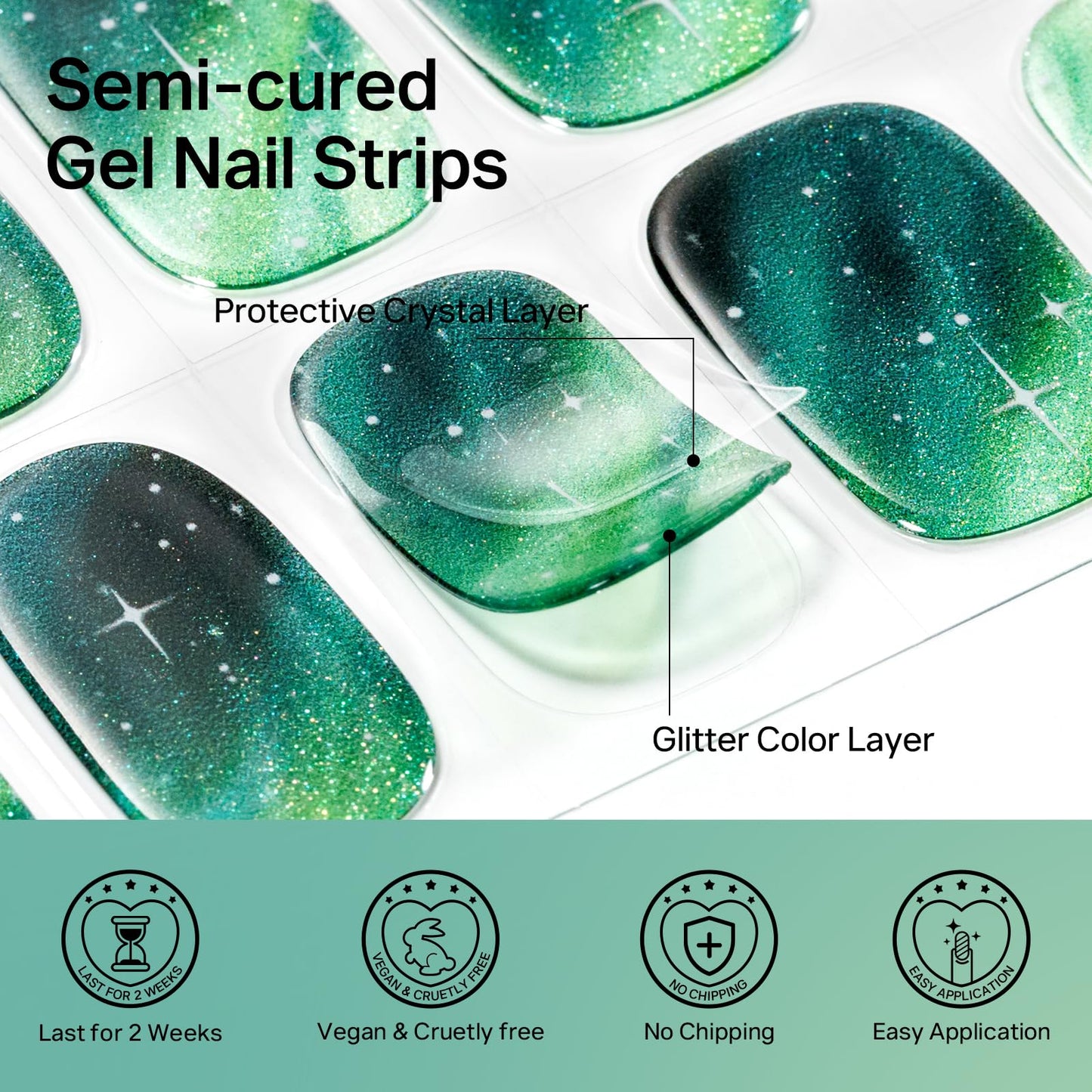 MIZHSE Semi Cured Gel Nail Strips, Green Cat Eye 30PCS Gel Nail Wraps, Stickers, UV Light Required, Salon Quality, Long Lasting Easy to Apply & Remove - Includes 2 Prep Pads, Nail File & Wooden Stick