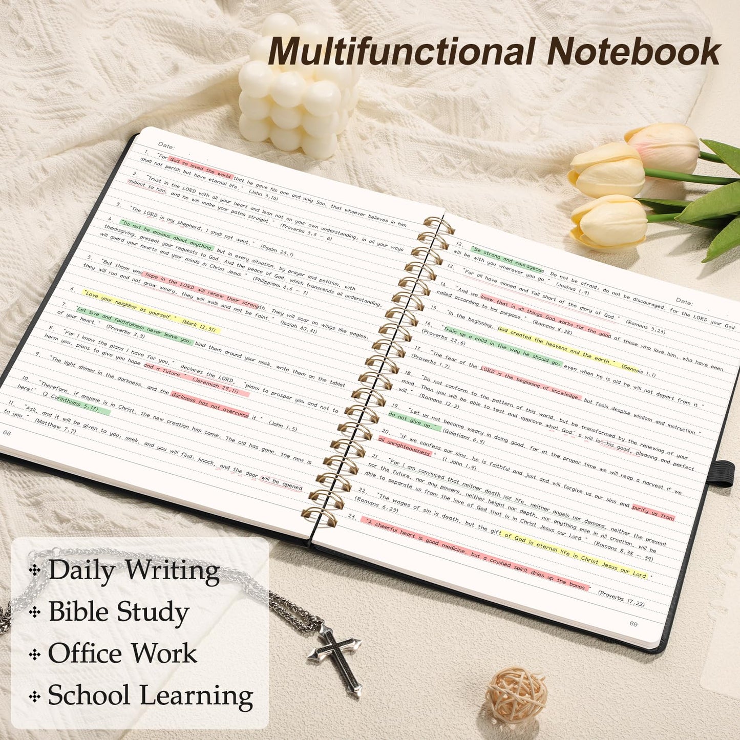 EMSHOI A4 College Ruled Spiral Notebook, Large 8.27"x11.2", 110 Numbered Pages, 100GSM Ink-Proof Faux Leather Hardcover Lay-Flat Lined Journal for Work Office School Writing, Black