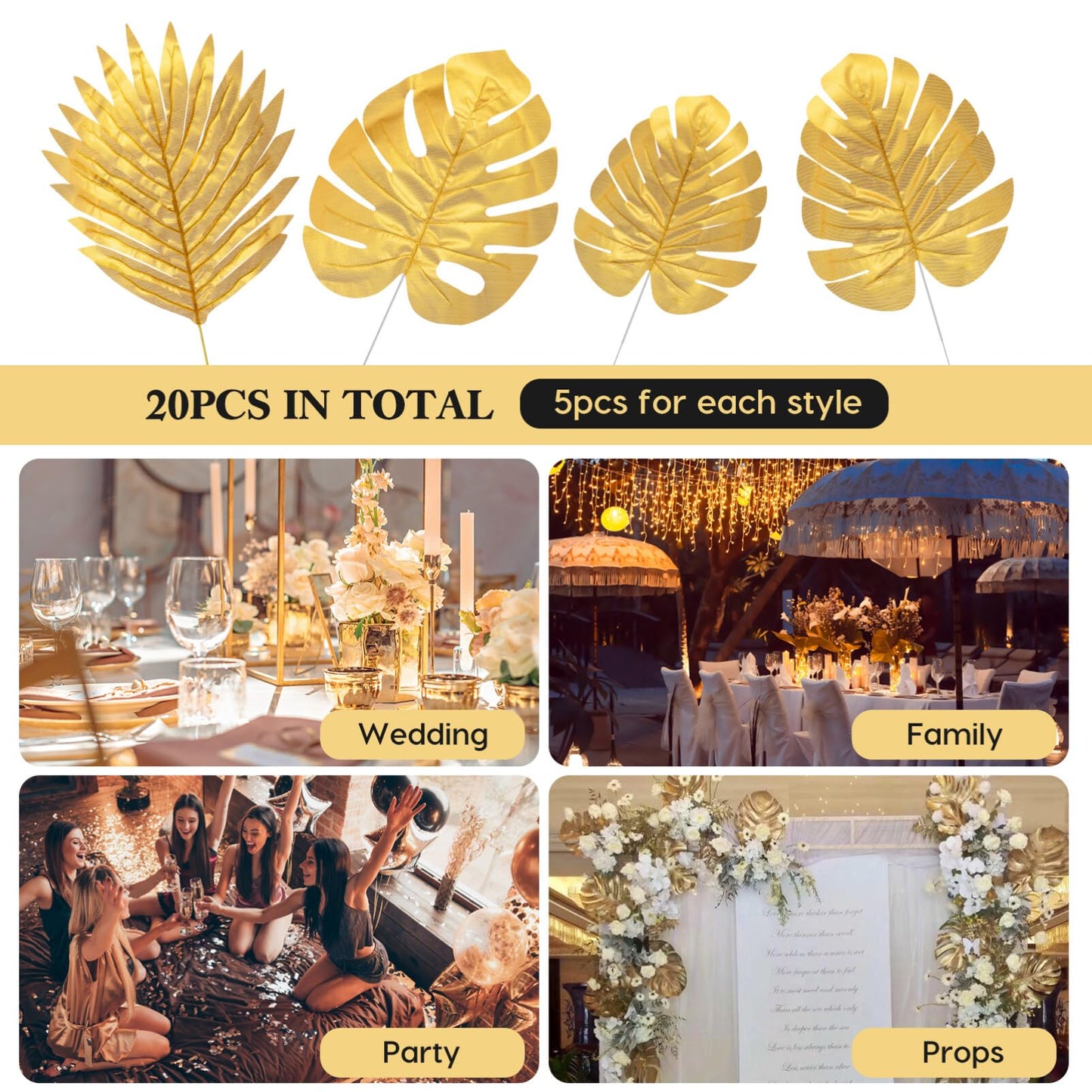BESTOYARD 20pcs Artificial Plants Palm Leaves Plastic Gold Tropical Party Leaves Decorations Wedding Decorations Simulated Golden Turtle Leaf