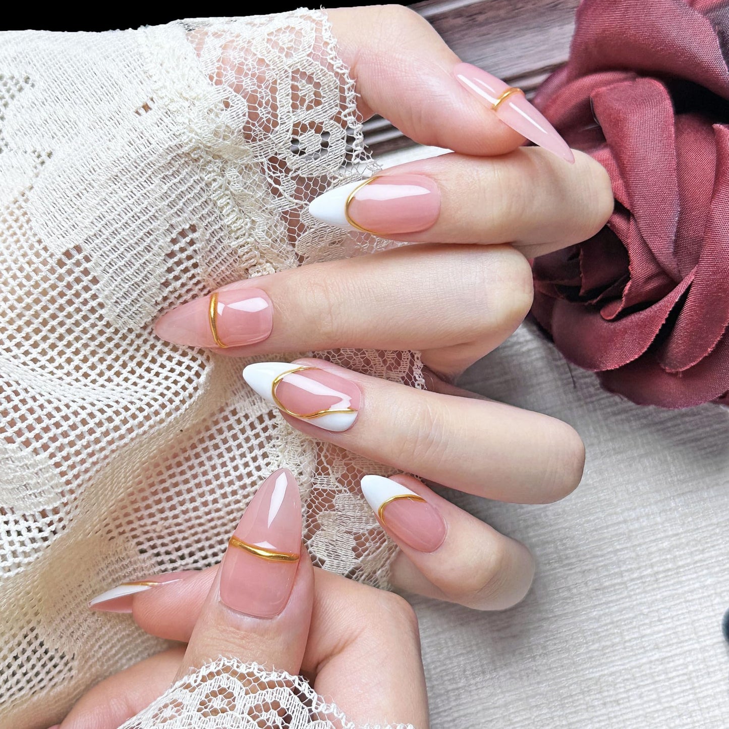 Handmade Press On Nails impress Fake Nails Medium Almond Oval French nails 3D Pink and Gold bordering Hand Finger Manicure False press ons Nail Artificial (S size)