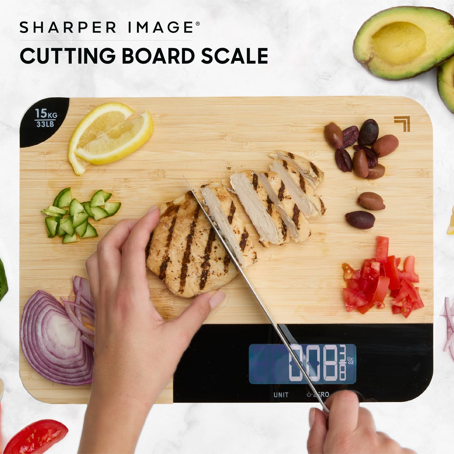 Sharper Image Bamboo Cutting Board & Digital Food Scale, 33 lb Capacity, Measures Grams & Ounces, Multi-Functional for Food Prep, Baking, Dieting, Portion Control, Kitchen Gadgets Gift