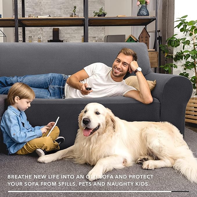 ZNSAYOTX Super Stretch Couch Cover Love Seat Sofa Covers for Living Room Dogs Pet Friendly Furniture Protector Spandex Loveseat Slipcovers with Anti Slip Foam Sticks (Dark Grey, Loveseat)