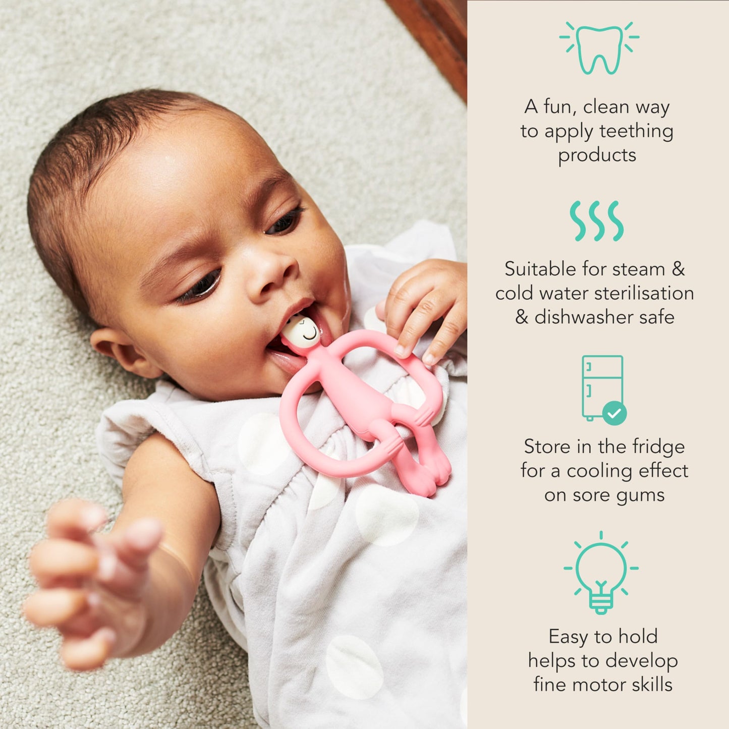 Matchstick Monkey Silicone Teether & Gel Applicator – Silicone Baby Teether, Easy-to-Grip, BPA-Free, Supports Self-Soothing & Early Brushing, 3 Months+, 4 Inches, Pink