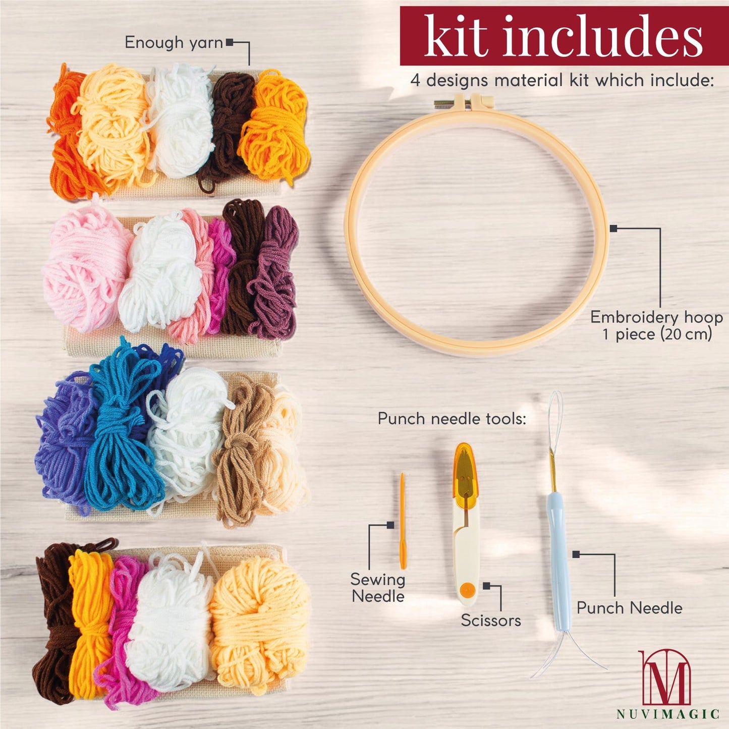 Nuvimagic - Punch Needle Kit for Beginners & Adults - Complete DIY Punch Embroidery Kit with 4 Unique Patterns - Perfect Needle Punch Kits for Creative Art