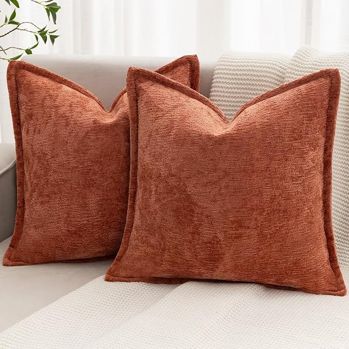 Burnt Orange Fall Decorative Throw Pillow Covers 26x26 Inch Set of 2 Cozy Soild Chenille Cushion Cases Soft Textured Square Couch Pillows Cover Boho Accent Farmhouse Pillowcases for Bed