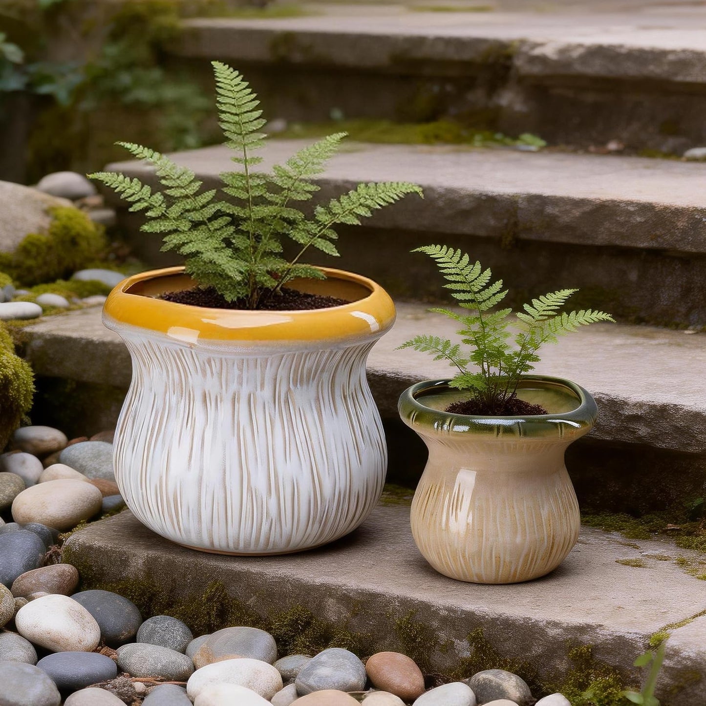 Chonsun 2 Pack Ceramic Plant Pots with Drainage Hole, Two-Tone Textured Planters for Indoor Outdoor Plants, Small Decorative Flower Pots for Succulents Herbs Houseplants