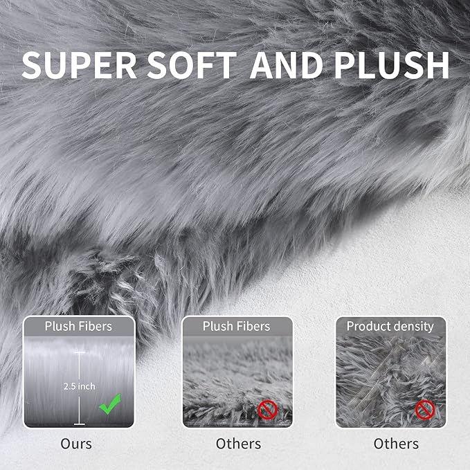 Faux Fur Rug for Bedroom, Gray Fluffy Rug Soft Sheepskin Runner Rug Sofa Couch Seat Cushion, 2x6ft Grey Plush Area Shag Rugs Floor Carpets for Nursery Bedside, Cute Shaggy Fuzzy Home Decor