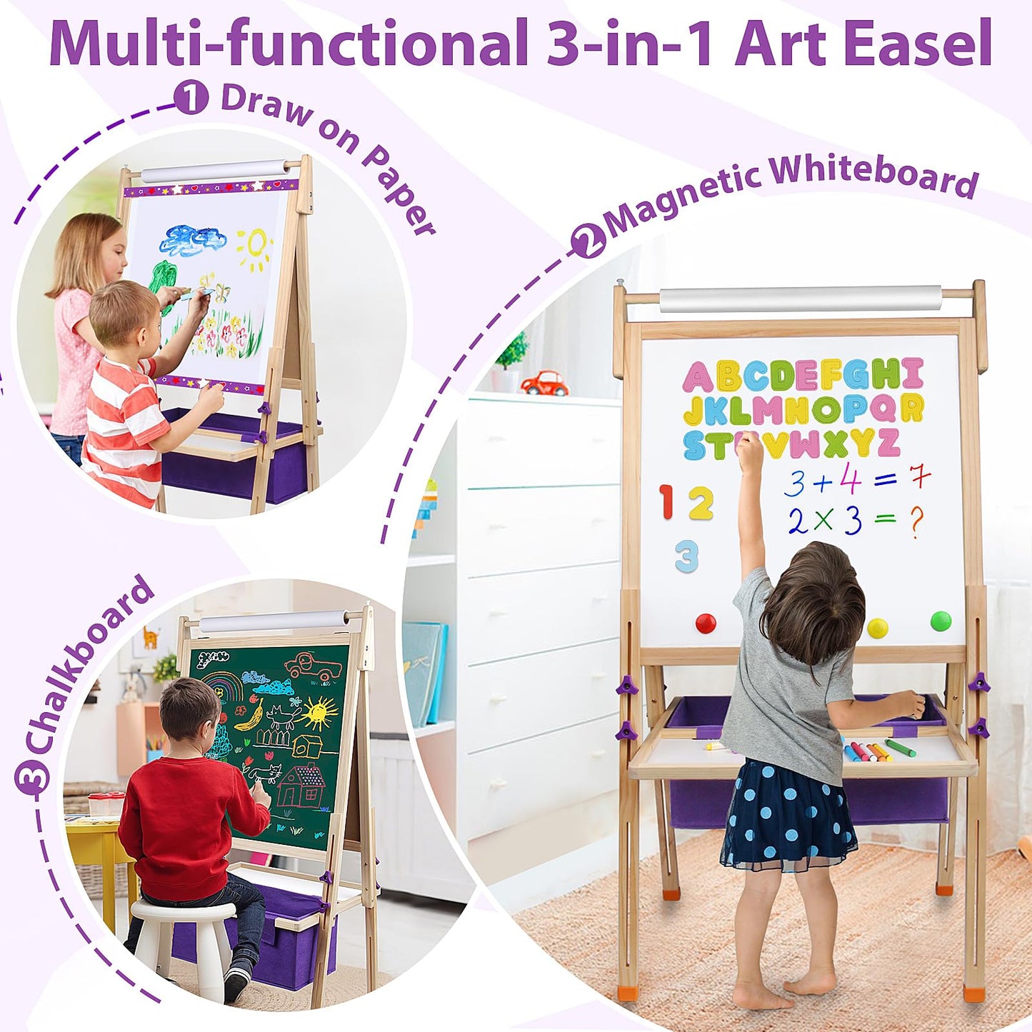Vinlon Art Easel for Kids Ages 4-8, Premium Whiteboard & Chalkboard with 3 Paper Roll, Adjustable Double-Sided Easel Stand, Easter Gift Easter Basket Stuffers for Kids Ages 4 5 6 7 8