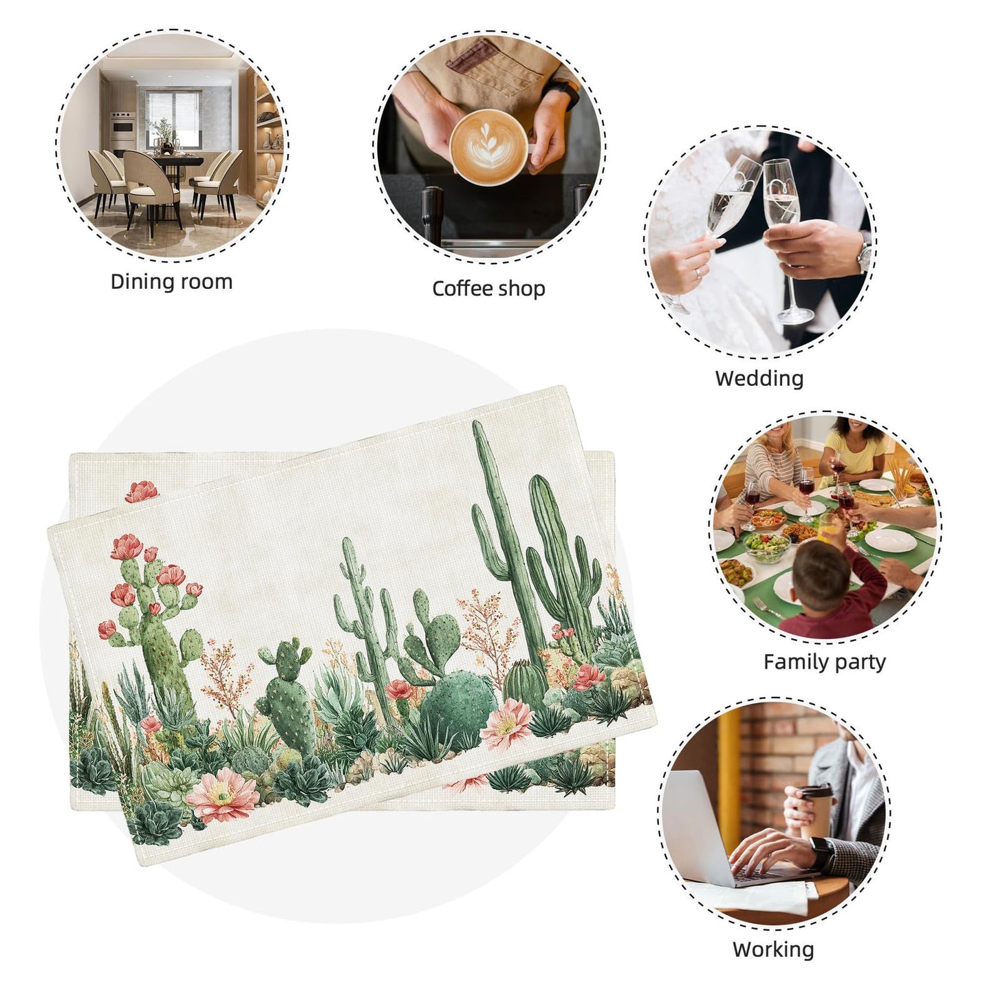 Cute Cactus Placemats Set of 4, Western Succulent Place Mats, Rustic Summer Plant Dining Table Mats, Washable Placemats for Kitchen Dining Room 18L'' × 12W''