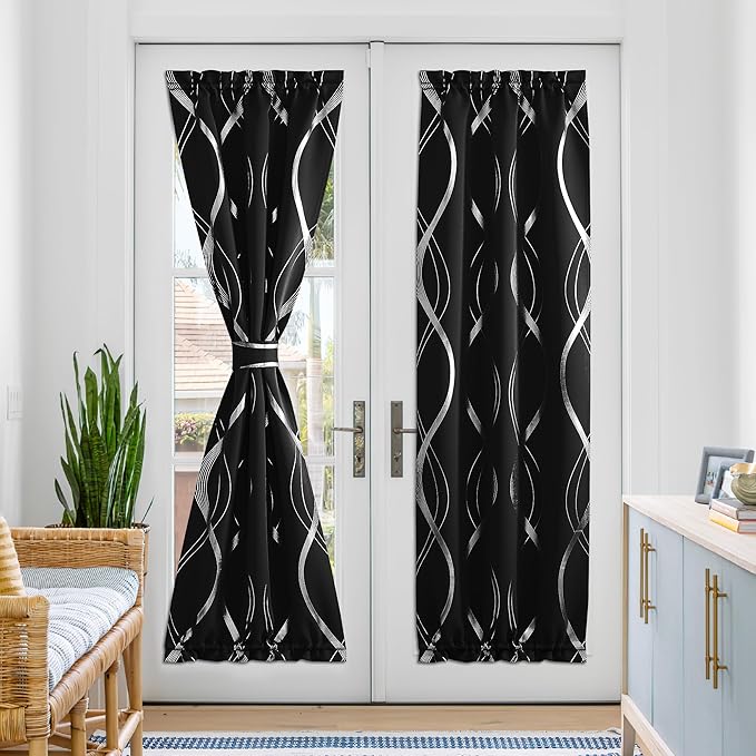 NICETOWN Thermal Insulated Door Blackout Curtains for Bedroom, French Door Curtain with Silver Print Foil Wave Striped Pattern for Narrow Glass, 25 x 72 inches Long, 1 Panel, Black