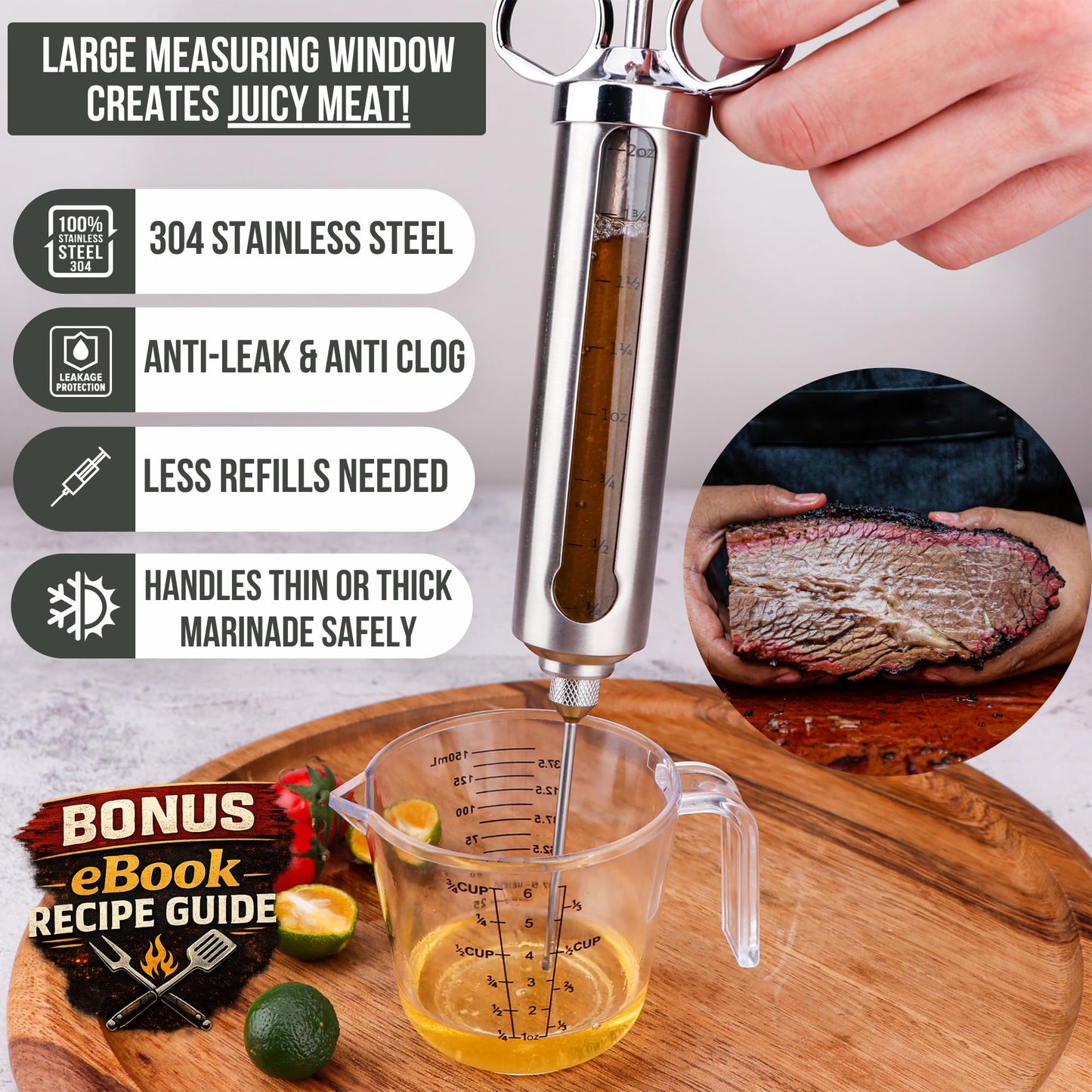 Professional Meat Injector Marinade Syringe Kit for Smoking & Grilling Turkey & Brisket, Large 2 Oz Stainless Steel Visible Capacity, Never Leaks or Clogs - BBQ Gifts for Men - Built to Last Years