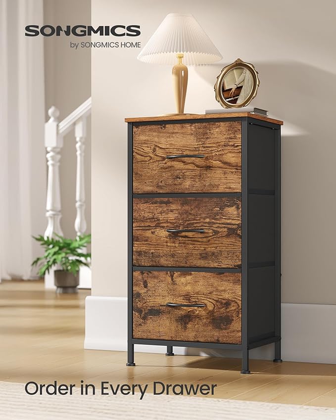 SONGMICS Dresser for Bedroom, Chest of Drawers, Steel, MDF, 3 Non-Woven Fabric Drawers, Storage Organizer Unit, Closet, Entryway, Rustic Brown and Ink Black ULGS313B02S