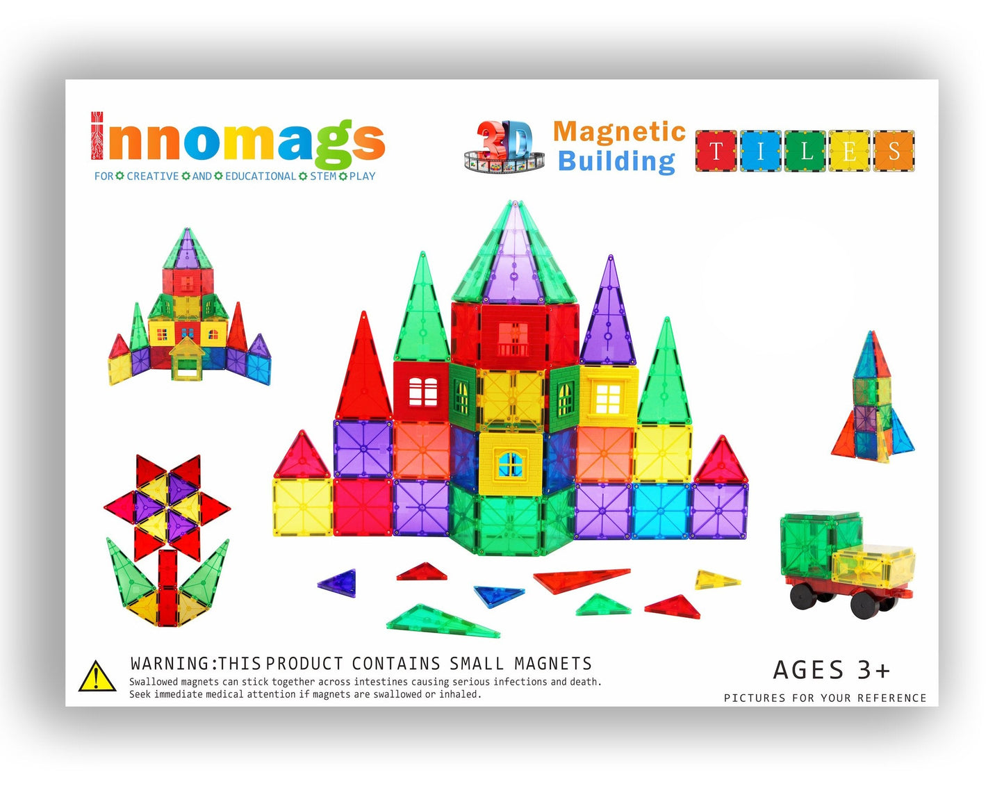 Innomags Magnet Tiles 110 Piece Magnetic Building Blocks Jumbo Tile Set, Clear 3D Magnetic Tiles Stem Educational Construction Playboards for Kids, Creative Clickins, Wheels, Bag, Safety Certified