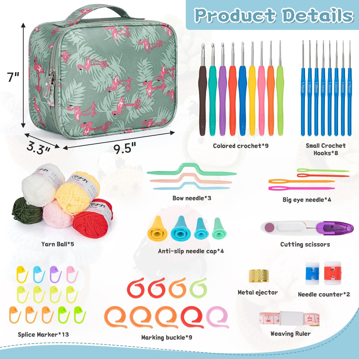 GMAK 59 PCS Crochet Kit for Beginners Adults, Crocheting Sets Include Yarn, Hooks and Tools, Portable Crochet Starter Kit for Making Variety Projects Crocheting Supplies, Blue Flamingo