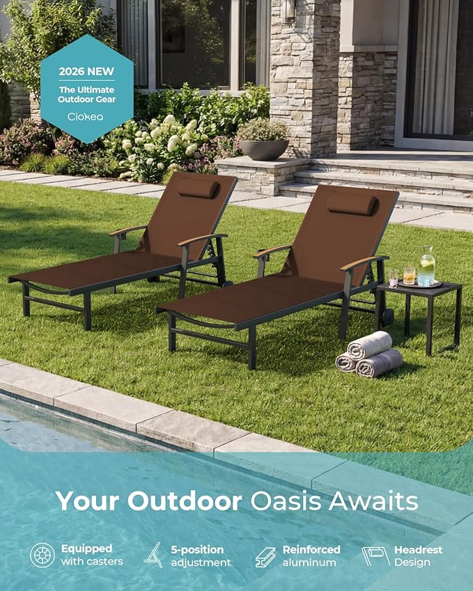 Ciokea Outdoor Lounge Chair with Pillow Set of 4, 5-Position Chaise Lounge with Wheels & Armrests, 400 lbs Heavy Duty Aluminum Pool Lounge Chairs, for Beach, Deck, Poolside & Backyard, Brown