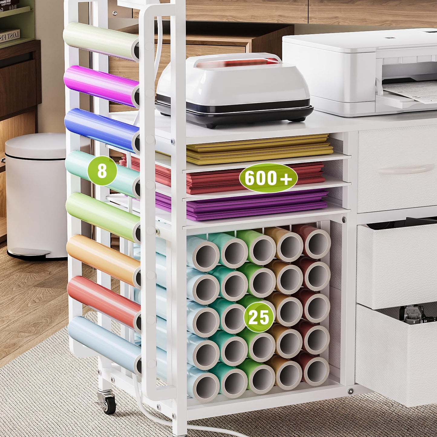 VENNQD Large Craft Organizer and Storage Rolling Cart Compatible with Cricut Machine with Fabric Drawers Vinyl Roll Holder Accessories for Home Craft Workstation Room (White)