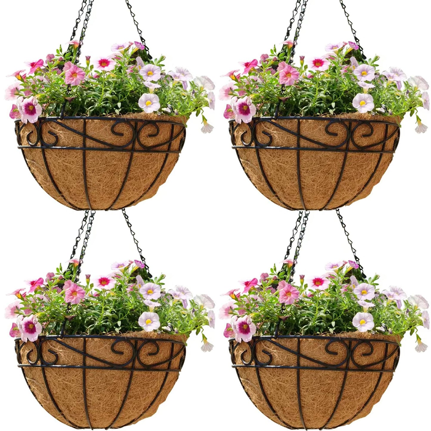 SMYAXUNW 14 Inch Hanging Planters (4 Pack) - Round Metal Baskets with Cocoa Liners for Indoor/Outdoor Gardens, Porch & Patio Decor（HB）