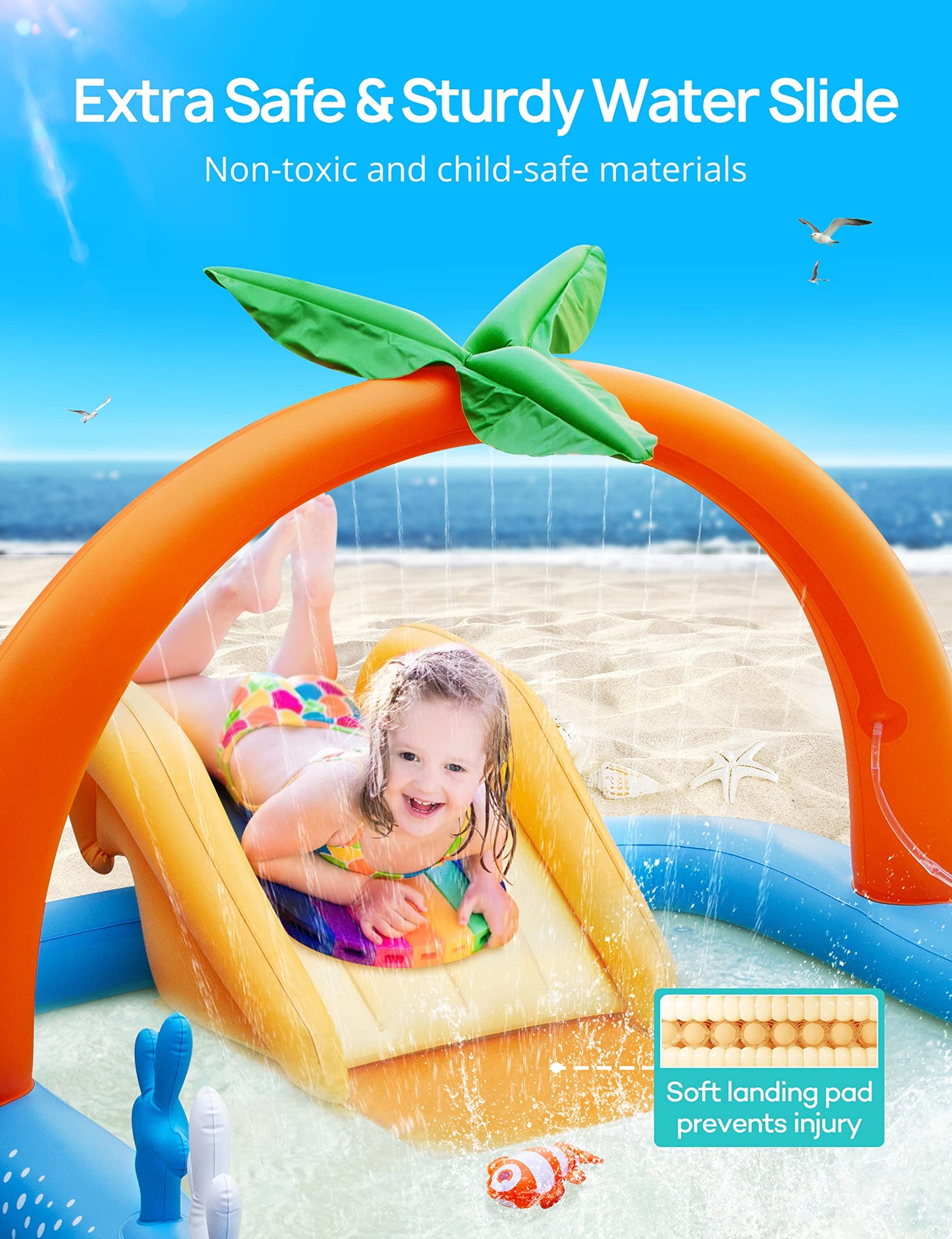 Kiddie Pool with Slide & Palm Tree Sprinkler – 95"x75"x40" Inflatable Water Play Center for Toddlers Ages 2+, Durable PVC Wading Pool for Backyard Summer Fun (Blue & Orange)