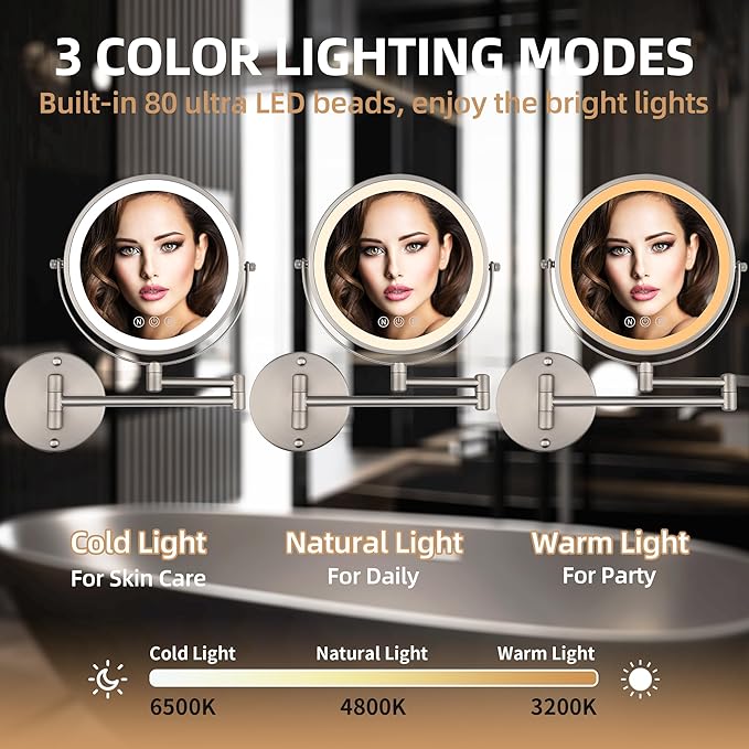 9" Wall Mounted Lighted Makeup Mirror with Magnification, 1X/10X Magnifying Mirror with Light, 3 Color LED 2000mAh Rechargeable Light Up Magnifying Nickel Extendable