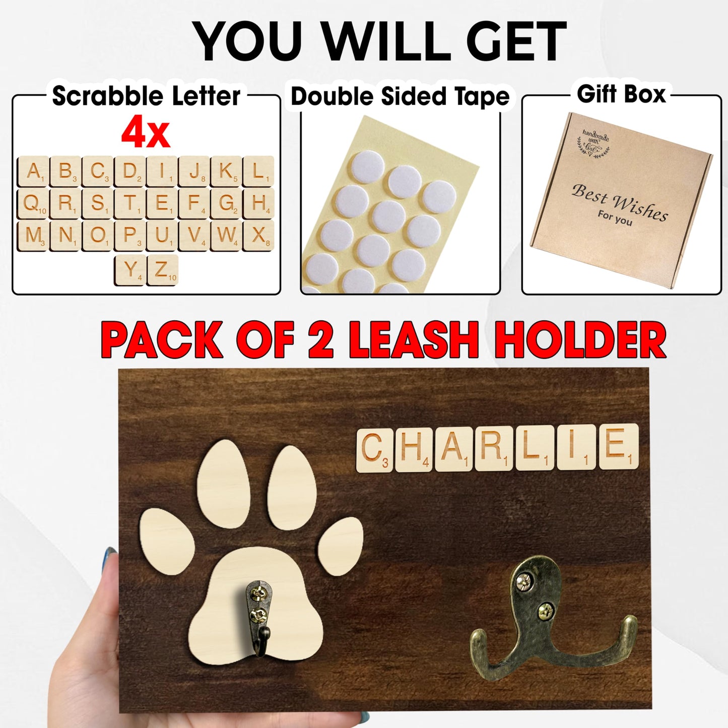 VINARTSVN 2 Pack Dog Leash Holder Wall Mount, Pet Harness Hanger with Scrabble Letters, Dog Collar Organizer for Entryway, Cat Leash Holder for Wall, Pet Loss Gifts, Keepsake, Home Decor PF218-CBW