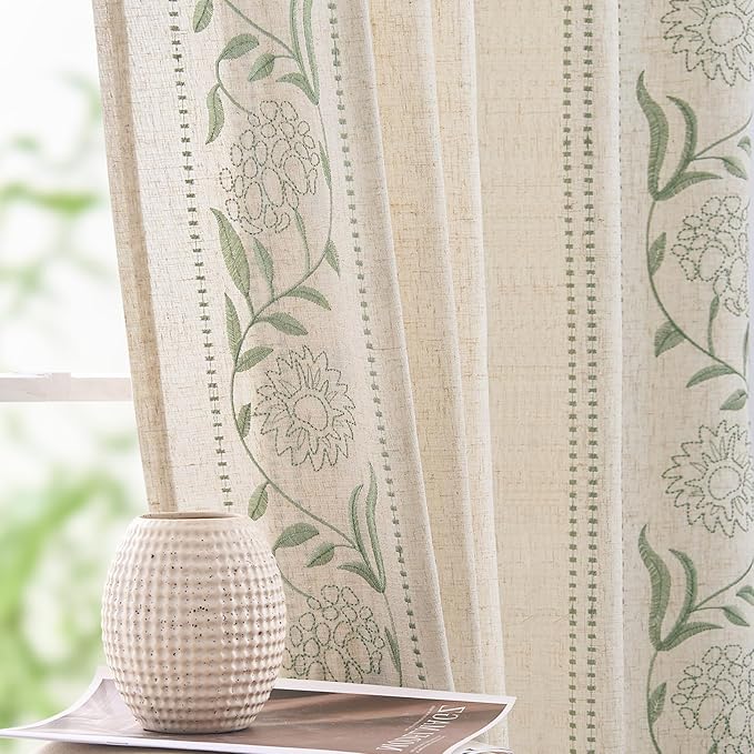 jinchan Winslow 4 Panel Curtains Set 96 Inch Length Embroidered Bordered Floral Curtains for Living Room Farmhouse Decor Light Filtering Window Treatments Sage on Beige Drapes 4 Panels