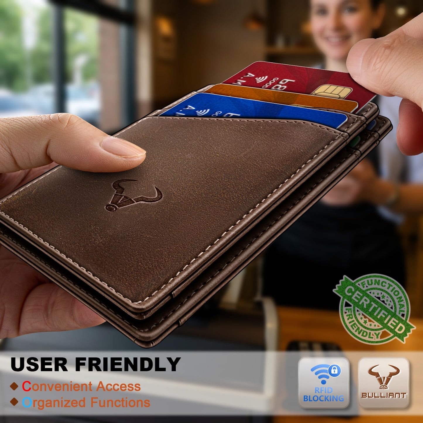 BULLIANT Men Wallet,Top Grain Leather Slim Wallet Magnetic Closure Simplifed Bill Folder RFID Blocking 11Cards
